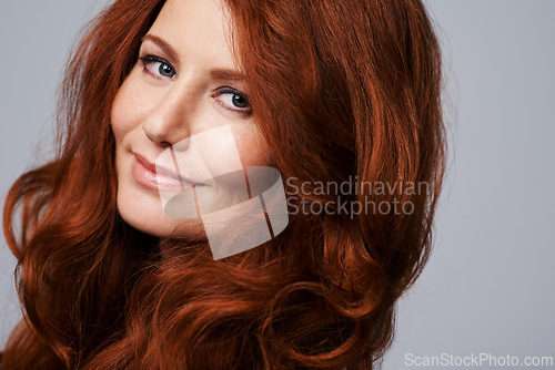 Image of Portrait, beauty and hair with woman in studio isolated on white background for natural wellness. Face, skincare and haircare with confident mature model at spa for antiaging dermatology treatment