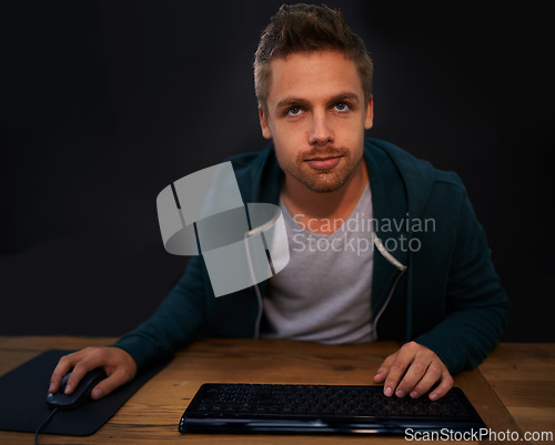 Image of Man, keyboard for code and programmer typing, information technology with video game or software development. Internet, computer programming and face with gamer or developer for cyber security