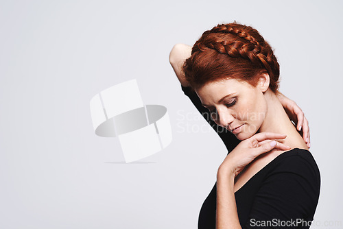 Image of Woman, hair and braid crown for beauty, elegant hairstyle for glamour and redhead on white background. Haircare, shine and texture in studio with luxury and plait, cosmetic care and mockup space