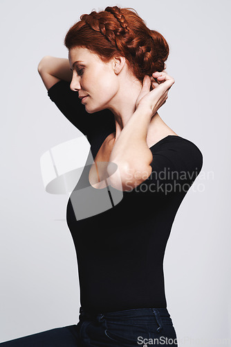 Image of Woman, hair and braid crown hairstyle with beauty, elegant twist for glamour and redhead isolated on white background. Haircare, shine and texture, luxury or regal plait with cosmetic care in studio