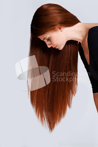 Image of Woman, red hair and beauty with cosmetic care, keratin treatment for shine with healthy growth on white background. Redhead, ginger and haircare for wellness, volume and texture with length in studio