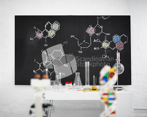 Image of Science, laboratory and equipment with blackboard, molecules and atoms with education. Medical, chalk and drawing with research and data with university and chemistry with element and compound