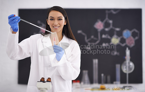 Image of Woman, portrait and science experiment with test tube for medical investigation for virus, breakthrough or research. Female person, face and laboratory for futuristic innovation, chemistry or sample