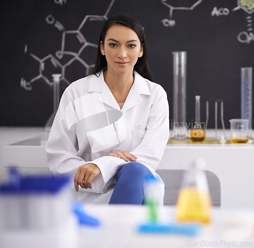 Image of Woman, portrait and laboratory scientist for medical experiment or virus breakthrough, research or investigation. Female person, face and equipment for dna testing or futuristic, biology or study