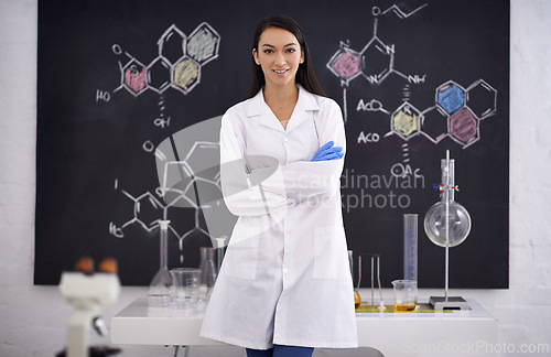 Image of Science, woman and portrait of scientist in laboratory for career, chemistry and innovation for medical research. Professional, worker and expert with microscope, test tube or diagram of molecule