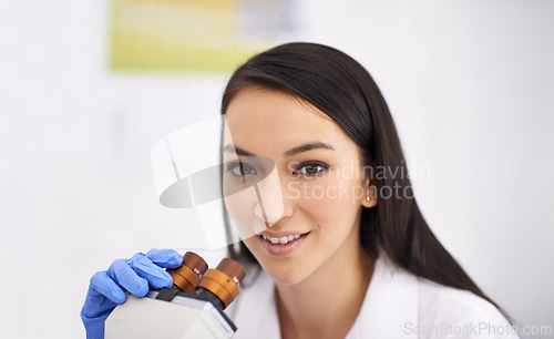 Image of Woman, portrait and laboratory with microscope for research for medical breakthrough, future or innovation. Female person, equipment and dna examination for investigation test, chemistry or virus