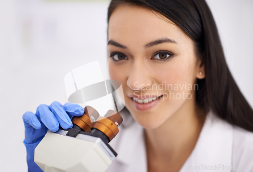 Image of Woman, portrait and laboratory with microscope for science research as medical breakthrough, future or innovation. Female person, equipment and dna examination for pathology, test or investigation