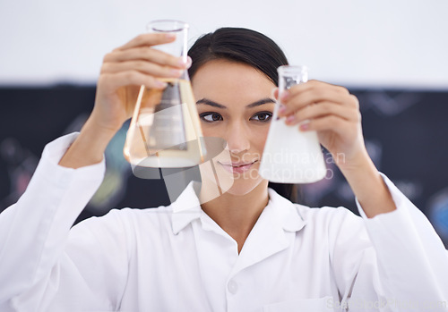 Image of Woman, laboratory and science beakers for medical experiment for investigation, solution or futuristic. Female person, equipment and liquid for dna research or vaccine breakthrough, cure or chemistry