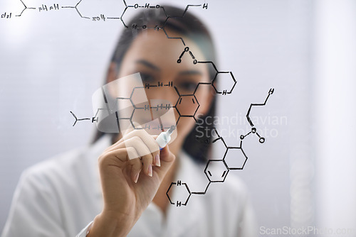 Image of Board, hand and scientist drawing molecule for chemistry, research or analysis for solution in laboratory. Glass, science and woman writing formula with marker to study structure of atoms closeup