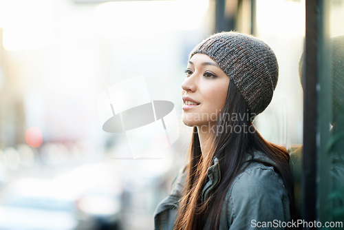 Image of Wall, outdoor and woman with smile, thinking and relax with daydreaming, profile and happiness. Confident, Asian girl and female person wondering of idea with concentration with style in China