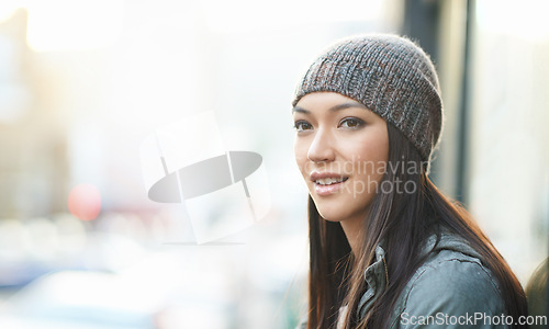 Image of Thinking, city and ideas with woman, cold and choice with peace and morning with winter weather. Person, outdoor and girl with a beanie, New York or wool cap with happiness and urban town in a street