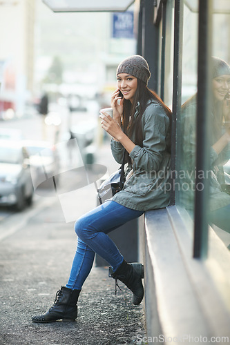 Image of Phone call, happy and girl with mobile in city for cityscape or urban culture, modern lifestyle and travel. Female person, smartphone and conversation for connection, side walk and New York for tour.