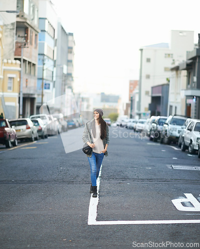 Image of Women, travel and thinking in street in city for tour on urban culture or cityscape, vacation and journey in town. Female person, walk or commute and road to explore on holiday in New York for trip.