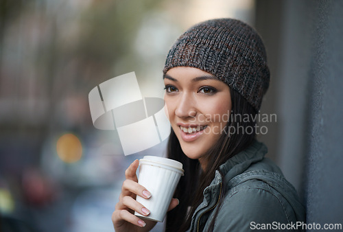 Image of Thinking, city and smile with woman, coffee and relaxing with winter season and wool cap. Cold weather, person or girl with tea and cappuccino with urban town or knitted beanie with happy in a street