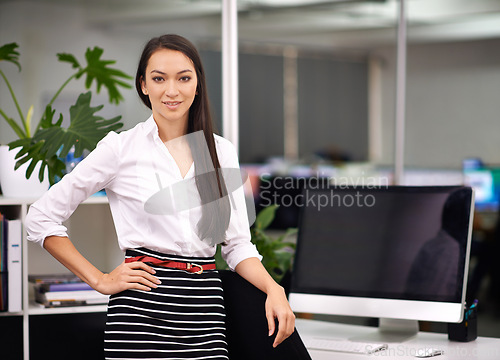 Image of Portrait, computer screen and businesswoman with confidence in office and technology for productivity. Happy, face and web developer with job satisfaction, connection and software update in company
