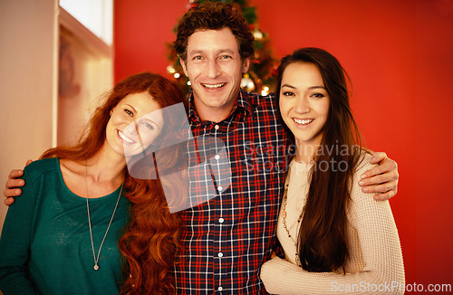 Image of Christmas, portrait and happy family in embrace, love and winter celebration by red background. Father, other and adult child and smile on face for holiday season, care and bonding together in home