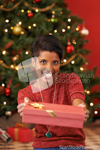 Image of Christmas, portrait and woman with gift giving for celebration offer and kindness on festive holiday. Smile. person and face with happiness for present, share and special event in living room