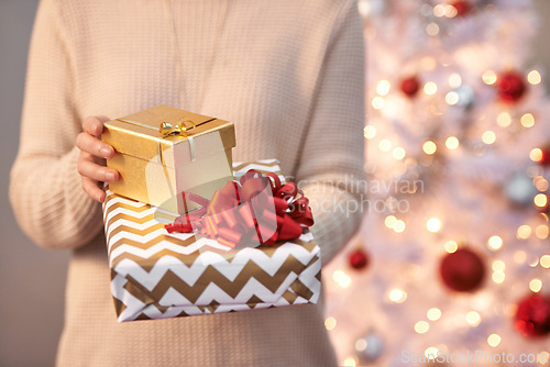 Image of Hands, gift box and Christmas holiday at tree for festive season or parcel packaging, celebration or giveaway. Person, present and giving for surprise deal for winter vacation event, party or decor