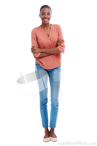 Image of Smile, confidence and portrait of woman for fashion, style or trendy with cool outfit isolated on white background. Female person, casual and lady with arms crossed, blue jeans or garments in studio