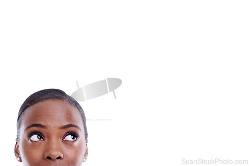 Image of Face, thinking and black woman by mockup with vision for presentation, marketing and promotion isolated on white background. Female person, lady and copy space with idea for advertising in studio