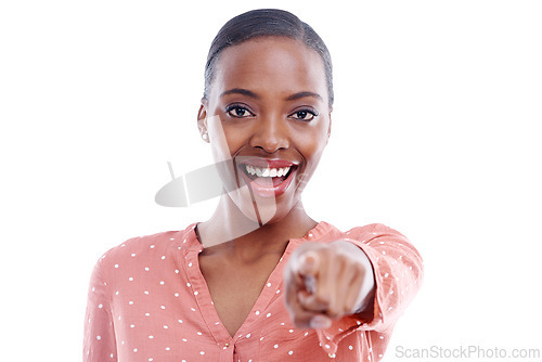 Image of Black woman, portrait and point at you for choice, selection and motivation to join us on white background. Promotion, choosing and volunteer for opportunity with offer, winner and hiring in studio