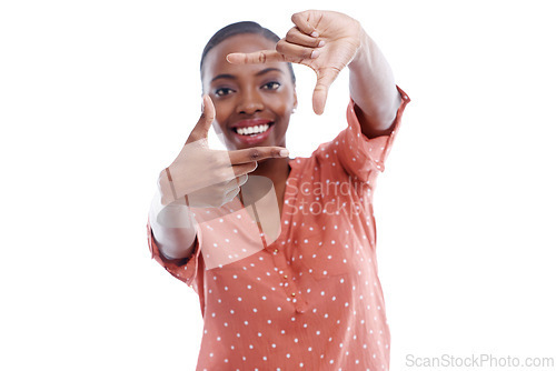 Image of Black woman, portrait and hands for frame in studio, photography with perspective and smile on white background. Gesture, aesthetic and African model with face, focus and vision to capture POV