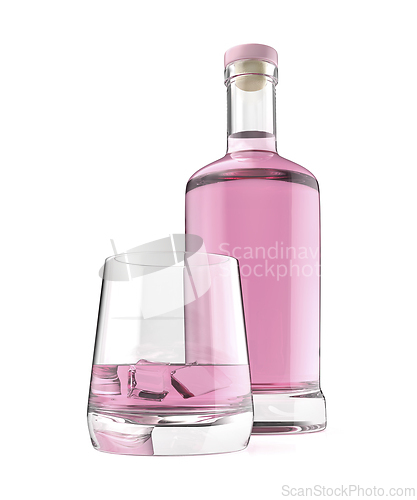 Image of Bottle and a glass of pink gin or vodka