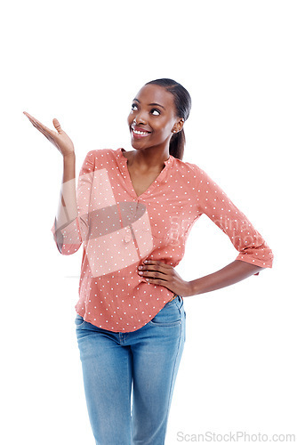 Image of Smile, mockup and black woman with hand for presentation, marketing or promotion with fashion on white background. Female person, casual and lady with gesture for advertising, show and display