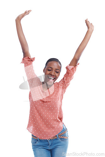 Image of Winner, black woman and success for achievement, celebration and happiness isolated on white background. Female person, expression and arms with gesture for victory, pride and excited in studio