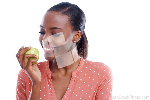 Image of Smile, mockup and black woman with apple for food, eating or healthy diet isolated on white background. Female person, lady and fruit for nutrition, energy and wellness with copy space in studio
