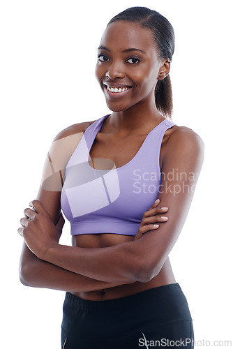 Image of Portrait, fitness and arms crossed with happy black woman in studio isolated on white background for health. Exercise, smile and workout with confident young sports model training for improvement
