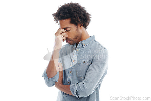 Image of Stress, headache and man in studio with frustration for failure, crisis or mistake in career. Upset, migraine and young male person with burnout, brain fog or fatigue isolated by white background.