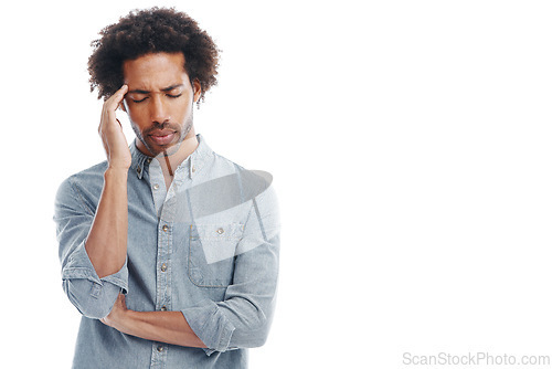 Image of Man, hand and headache pain in studio or stress pressure with brain fog or burnout, vertigo or white background. Male person, temple and dizzy tension as migraine tinnitus or anxiety, tired or mockup