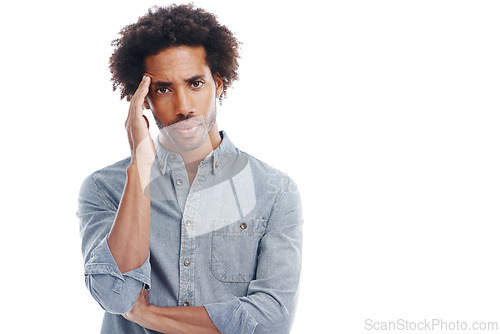 Image of Man, portrait and headache pain in studio or stress pressure with brain fog or burnout, vertigo or white background. Male person, temple and tension as migraine tinnitus for fatigue, tired or mockup