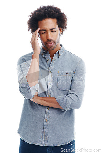 Image of Man, headache and stress pain in studio with dizzy pressure for brain fog or burnout, vertigo or white background. Male person, temple and tension as migraine tinnitus for fatigue, tired or mockup