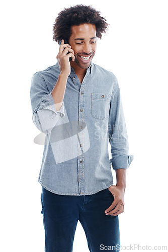 Image of Man, phone call and communication in studio for talking conversation or white background, networking or mockup space. Male person, smartphone and connectivity tech for chat, contact us or discussion