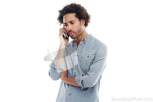 Image of Man, phone call and communication concern in studio for conversation bad news, information or mockup space. Male person, cellphone and problem or speaking worry for chat, white background or crisis