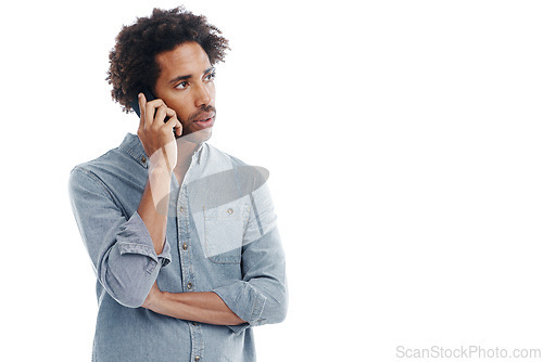 Image of Man, phone call and thinking conversation in studio for communication thoughts, contact us or contemplating. Male person, cellphone and white background for startup speaking or wonder, idea or mockup