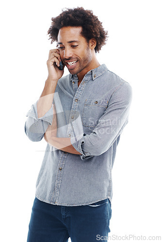 Image of Man, phone call and communication in studio for speaking conversation or white background, networking or mockup space. Male person, smartphone and connectivity tech for chat, contact us or discussion