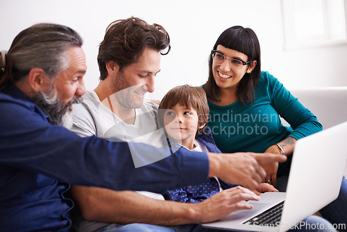 Image of Family, laptop and learning or streaming on sofa, smile and bonding in living room. Video call, internet and chat with grandfather pointing, parents and young boy for communication online in home