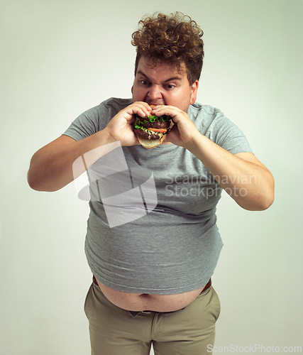 Image of Obesity, weight gain and burger for man in studio with takeout for unhealthy eating, plus size and greed. Overweight person with meal in mouth and fat stomach for hunger, comedy and bite indoor