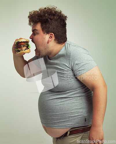 Image of Obesity, weight gain and fast food for man in studio with burger for unhealthy eating, plus size and greed. Overweight person with meal for mouth and fat stomach for hunger, comedy and bite indoor