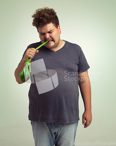 Image of Obesity, weight gain and humor for man in studio with celery for health eating, nutrition and diet. Overweight person with vegetable in mouth and cry for hungry, and food with vitamin for comic