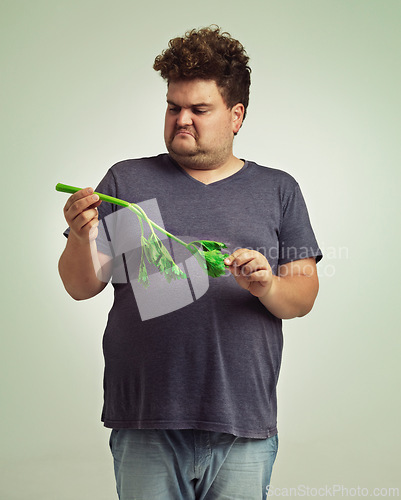 Image of Plus size, diet and disgusted man with vegetable for health, nutrition and wellness in studio in white background. Weight loss, celery and unhappy male person for healthy food, wellbeing and detox