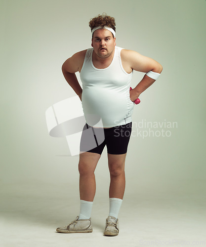 Image of Plus size, man and studio workout and portrait, tired and weight loss or health and energy. Diet, training for wellness and male person, isolated on white background for body positivity or strength