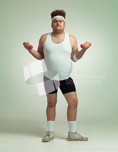 Image of Plus size, man and dumbbells for exercise, training or workout in studio isolated on a white background mockup space. Body health, fitness and person weightlifting for weight loss, muscle or strength