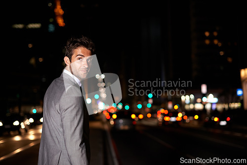 Image of Businessman, portrait and city lights or dark night for financial advisor for corporate professional, building or late. Male person, face and suit with bokeh for urban traveling, street or commute