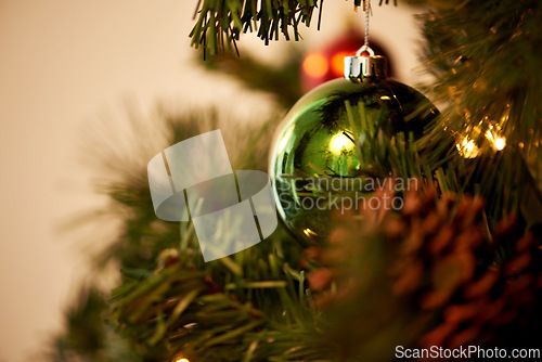 Image of Christmas, tree and green ornament for holiday, celebration and closeup with tradition or festive season at home. Decorations, detail and event with ball, circle or sphere for xmas background