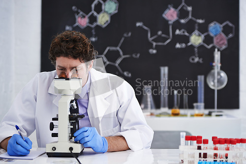 Image of Science, notes and man with microscope for research in chemistry, pathology and university class. Laboratory, investigation and scientist writing report on blood test for medical study with results