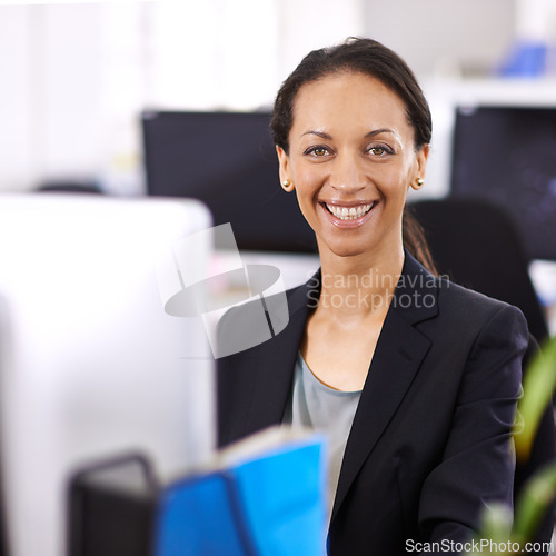 Image of Business woman, portrait and office administrator at a computer with a smile and ready for digital work. Tech, desk and happy professional with online job and confidence from company admin career